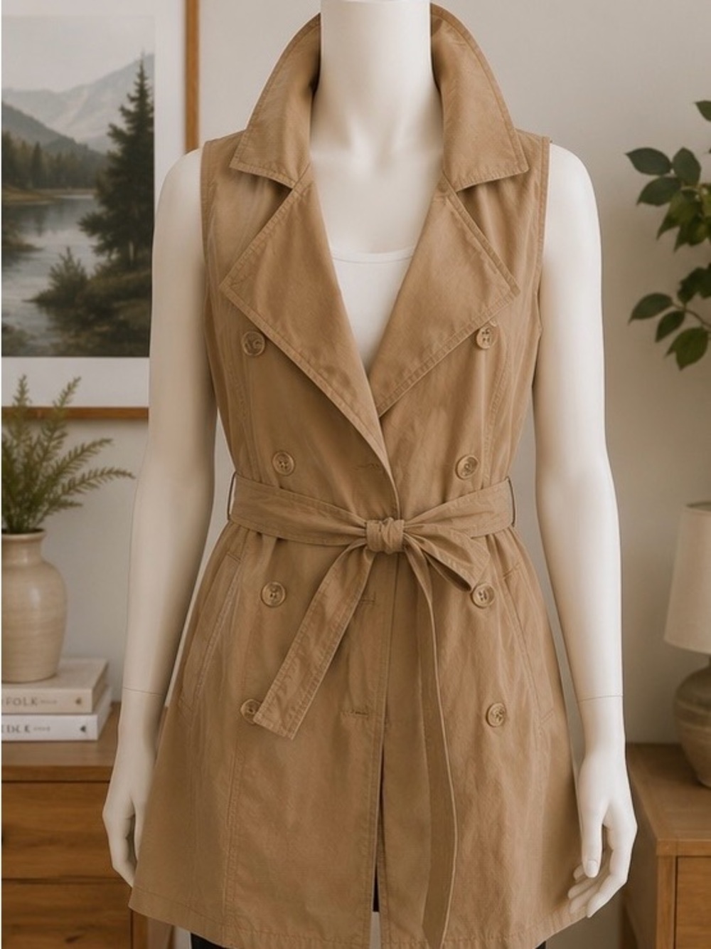 Love Tree Tan Sleeveless Trench Vest Belted Duster Jacket Size Medium